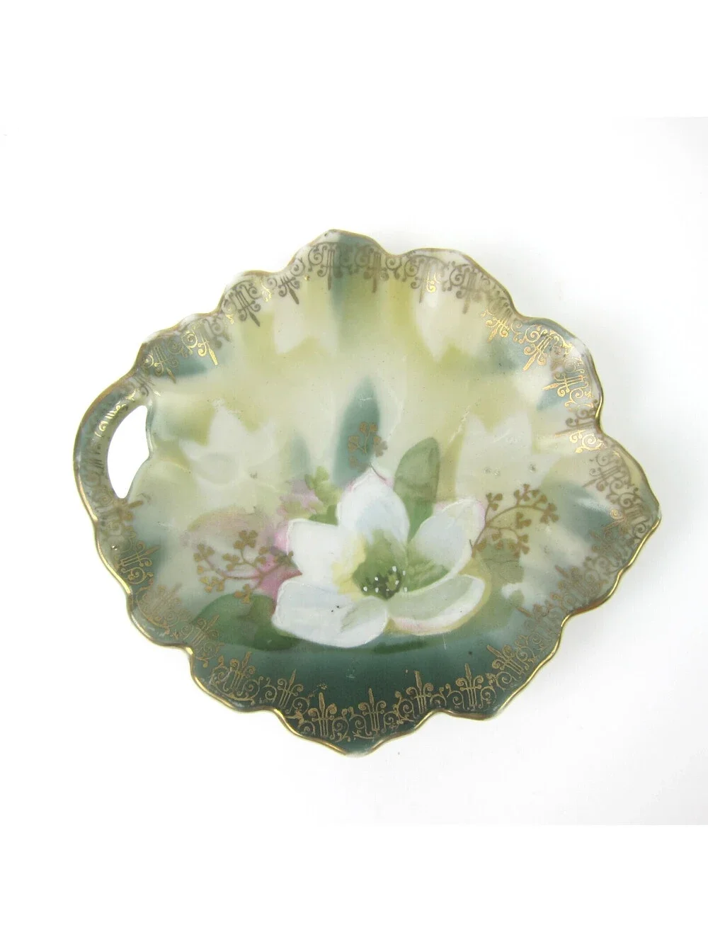 Antique Leaf Shape Lotus Flower Plate Handled Green Gold Gilt Accents 4.5